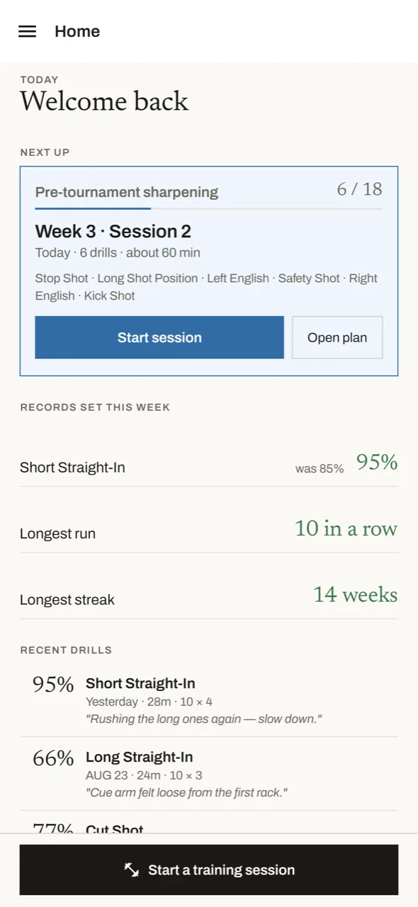 The home screen: today's plan session listing its six drills, a start button, and the personal records set this week.