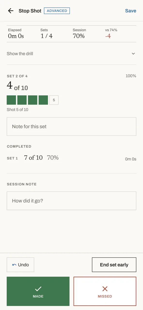 Scoring the Stop Shot drill: made and missed buttons, four of ten shots logged, session success rate 70% against a 74% target, and a note field for the set.