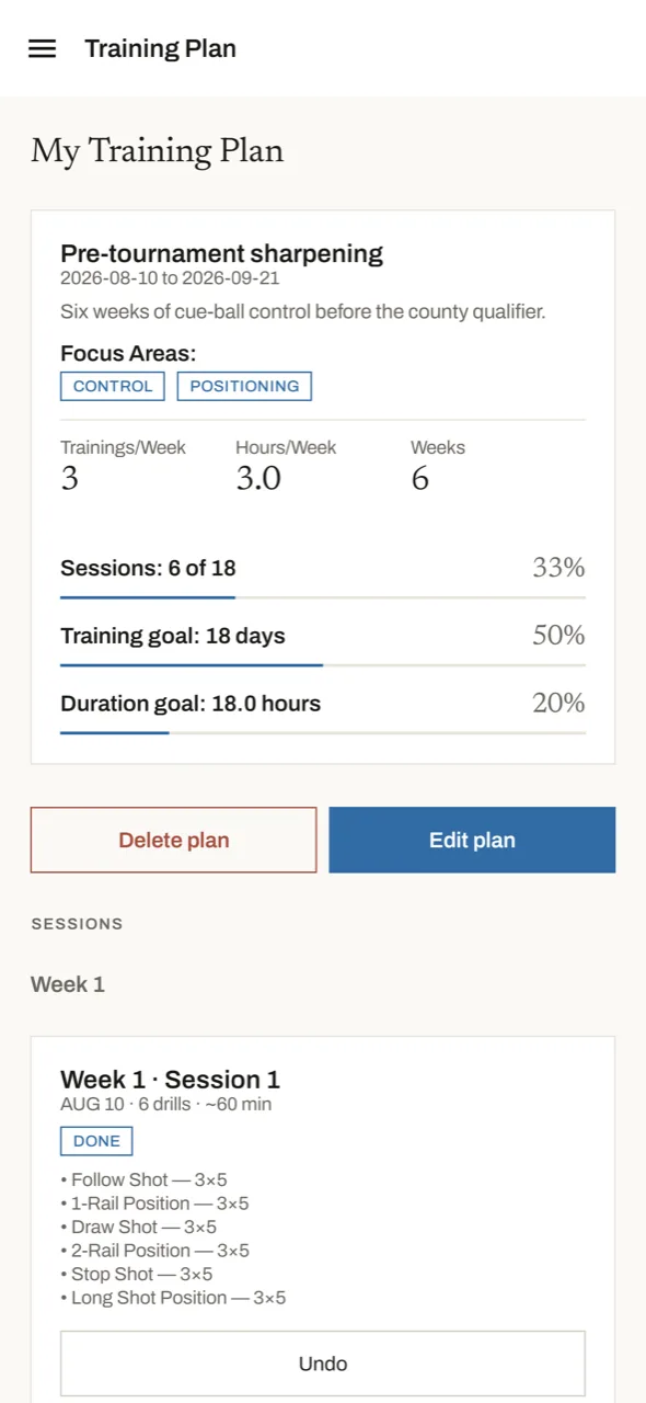 My Training Plan: a six-week pre-tournament programme with focus areas, sessions completed and goal progress bars.