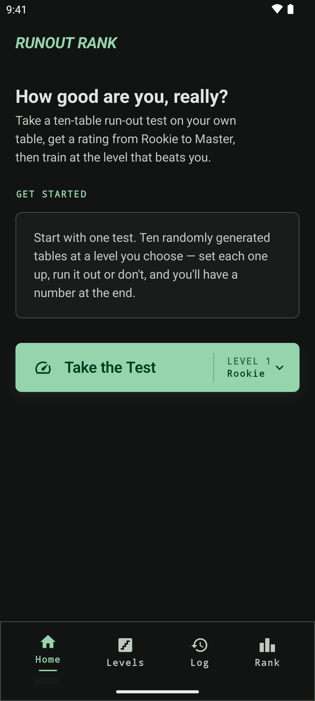Runout Rank home screen on a phone, offering to start the ten-table Rating Test.