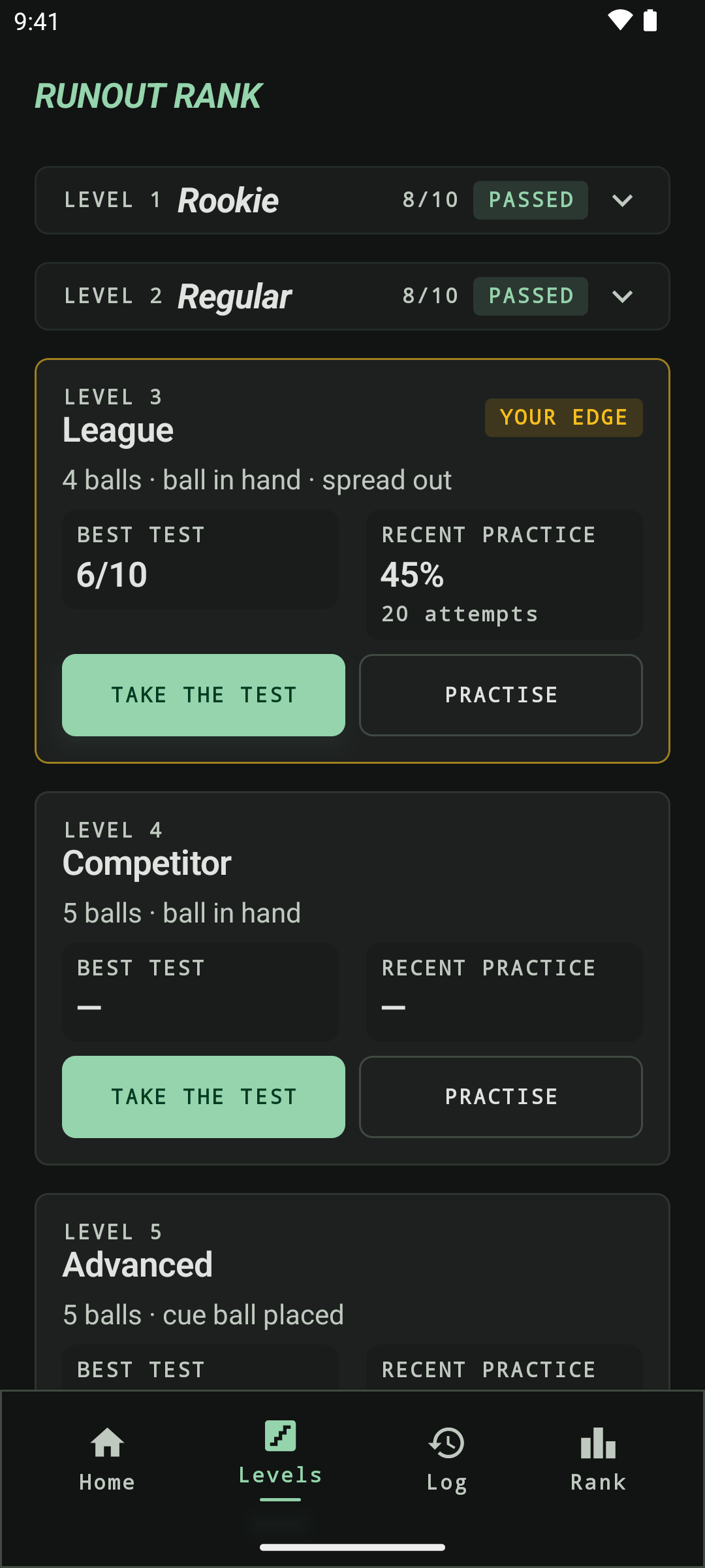 The levels screen with the League level expanded, showing best test score and recent practice rate.