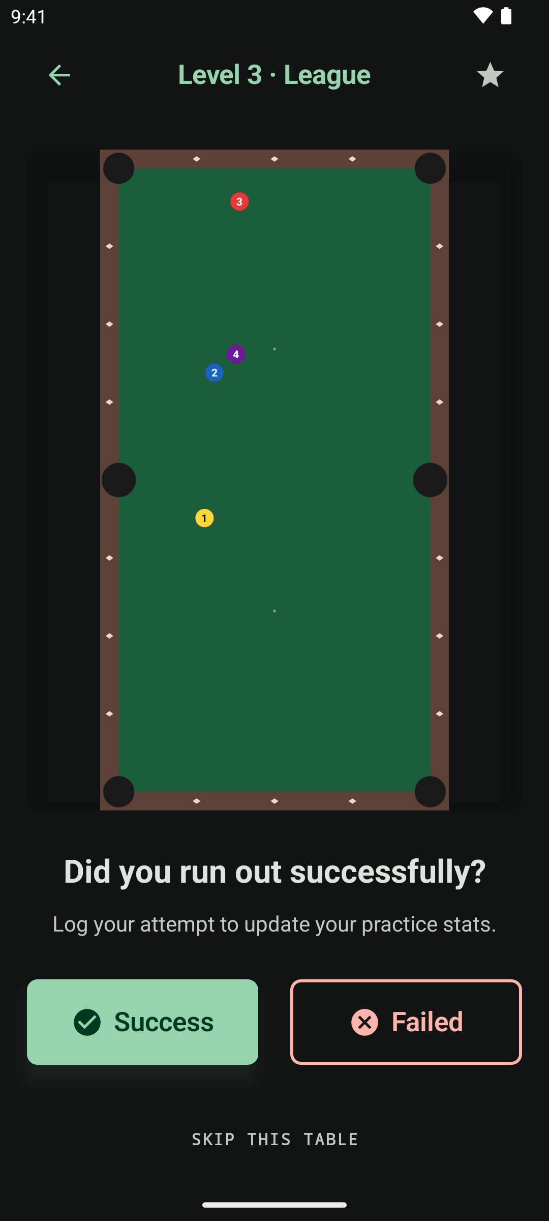 A practice session with a generated four-ball layout and the prompt asking whether you ran out.