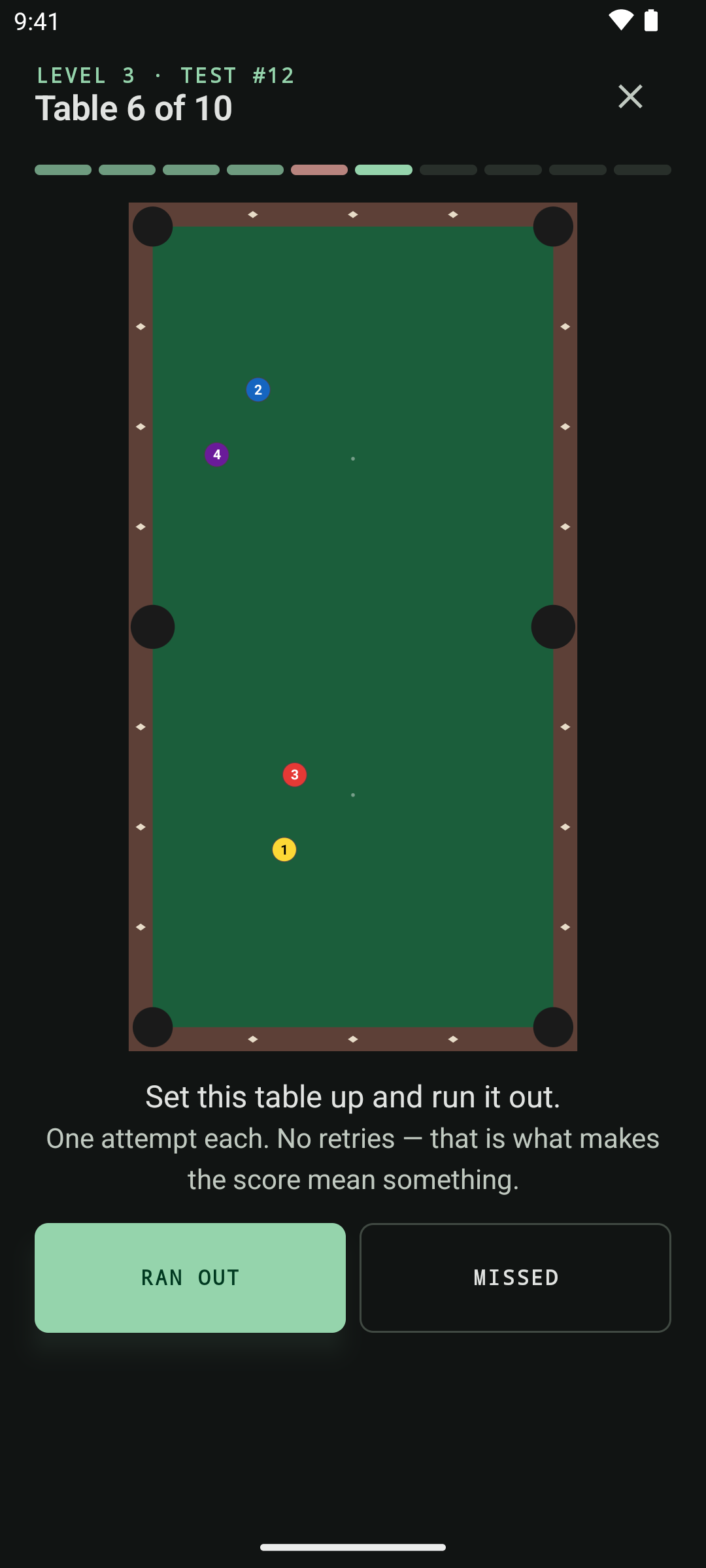 A Rating Test in progress showing table 6 of 10, the generated layout, and the run-out and miss buttons.